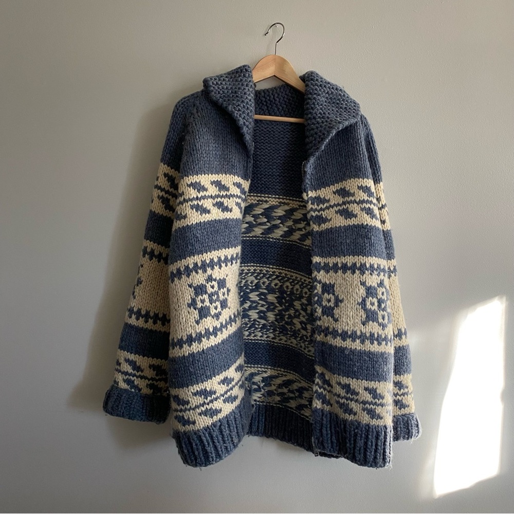 Vintage Cowichan Chunky Knit Wool Full Zip Sweater Blue Cream Fair Isle Adult XL